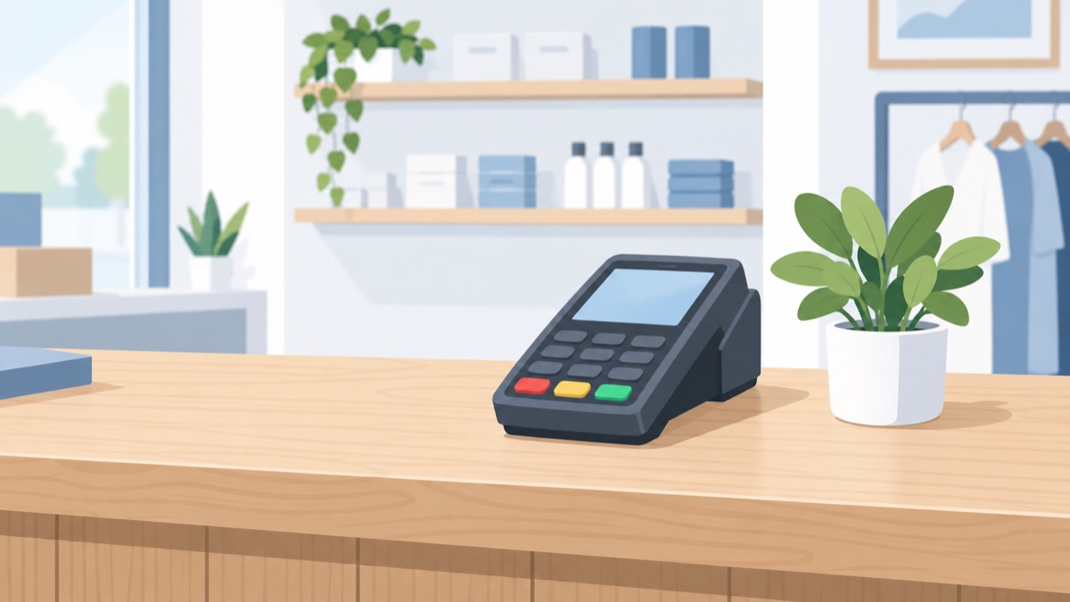 店のカウンターにカード決済端末が一台だけ置かれているイラスト